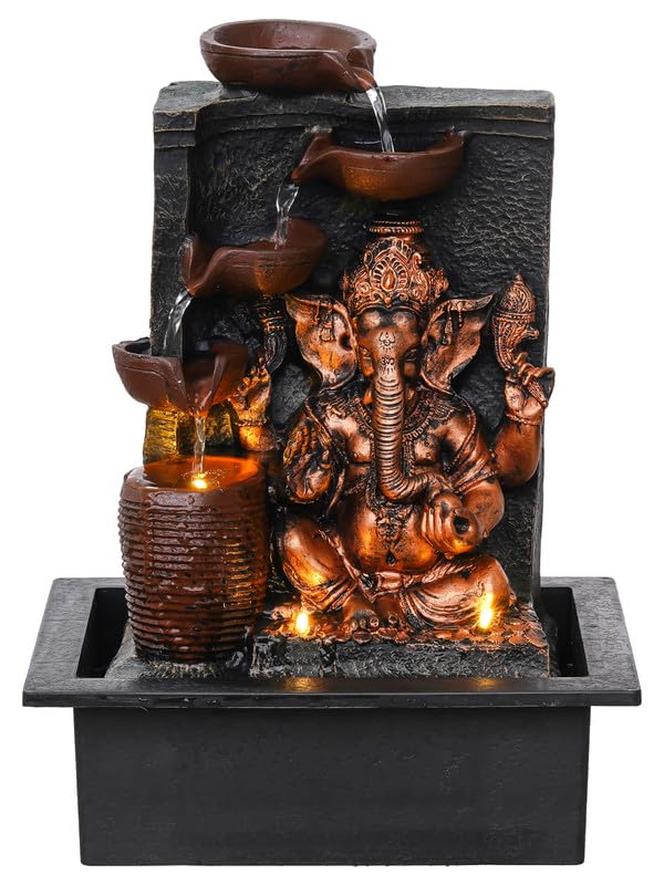Brown & Golden Idle Ganesha Table Top Indoor Water Fountain with 4 Steps Waterfall, LED Lights.