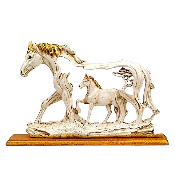 Handmade Resin Horse Statue With Baby Horse Antique Finish On Wooden Base For Home Decoration, Living Room, Bedroom and For Gifting.
