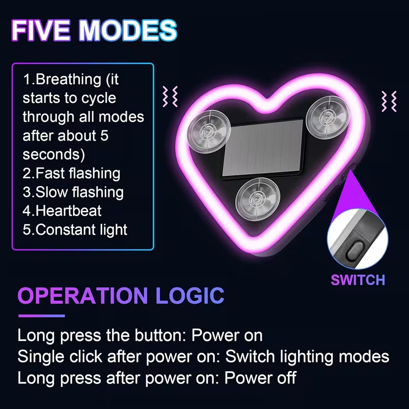 Heart Shaped Car Window Light with Suction Cups Solar Powered & USB Charging