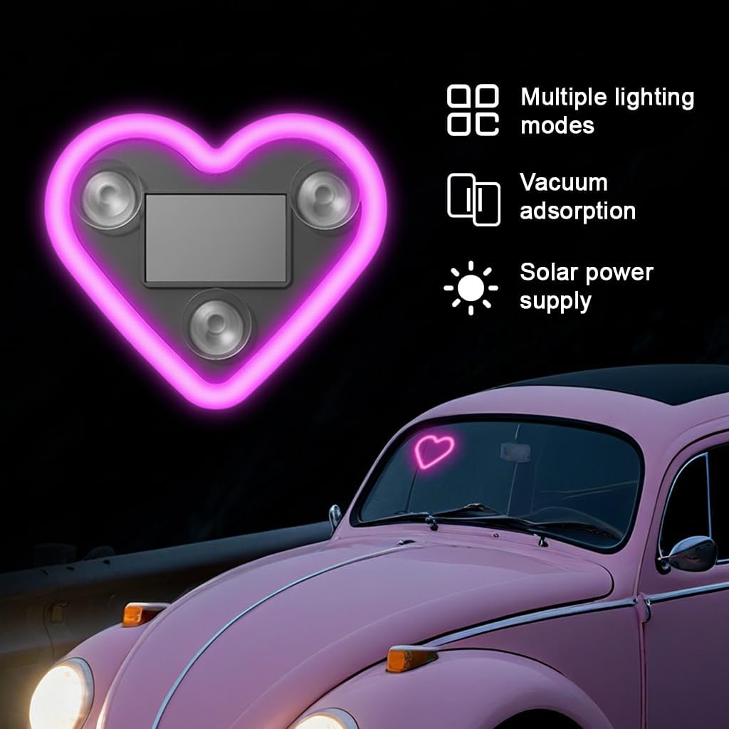 Heart Shaped Car Window Light with Suction Cups Solar Powered & USB Charging