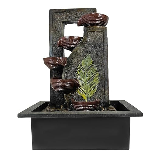 Table Top 4 Steps Designer Brown Diya & Leaf Design Water Fountain With Multicolor Led Light