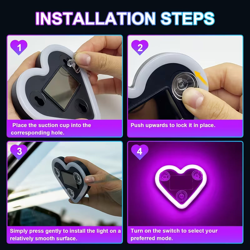 Heart Shaped Car Window Light with Suction Cups Solar Powered & USB Charging