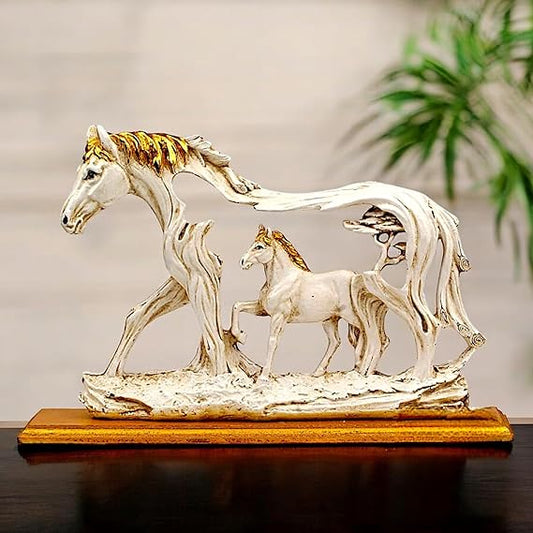 Handmade Resin Horse Statue With Baby Horse Antique Finish On Wooden Base For Home Decoration, Living Room.