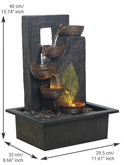 Table Top 4 Steps Designer Brown Diya & Leaf Design Water Fountain With Multicolor Led Light