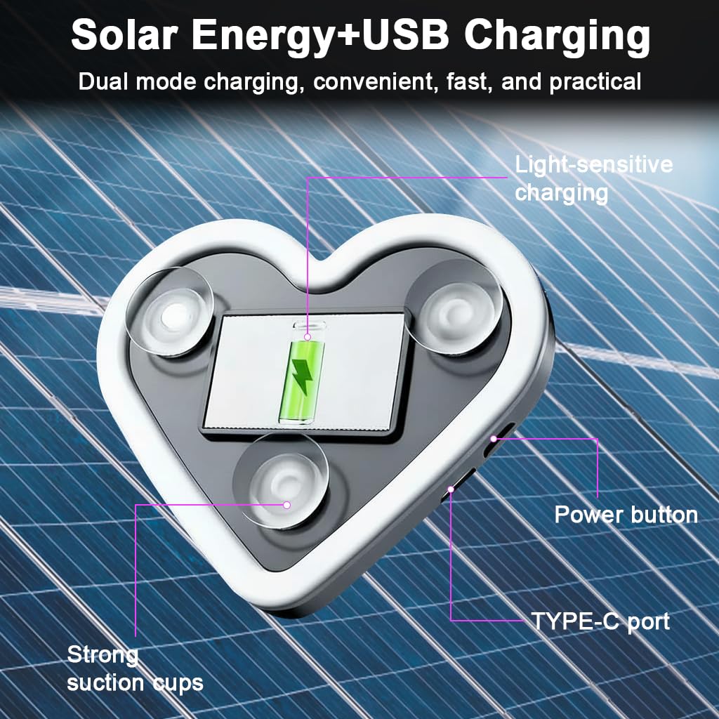 Heart Shaped Car Window Light with Suction Cups Solar Powered & USB Charging
