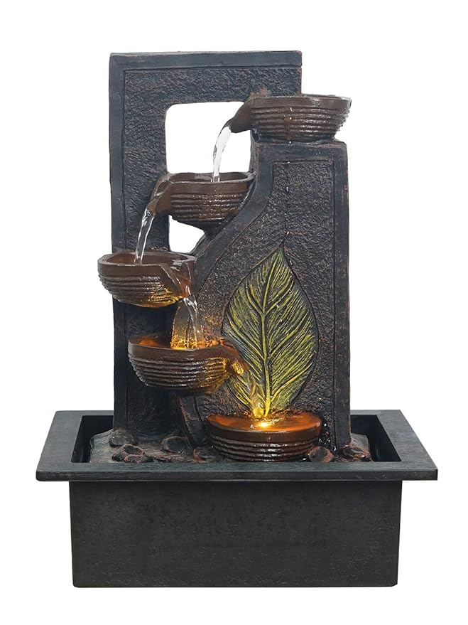 Table Top 4 Steps Designer Brown Diya & Leaf Design Water Fountain With Multicolor Led Light