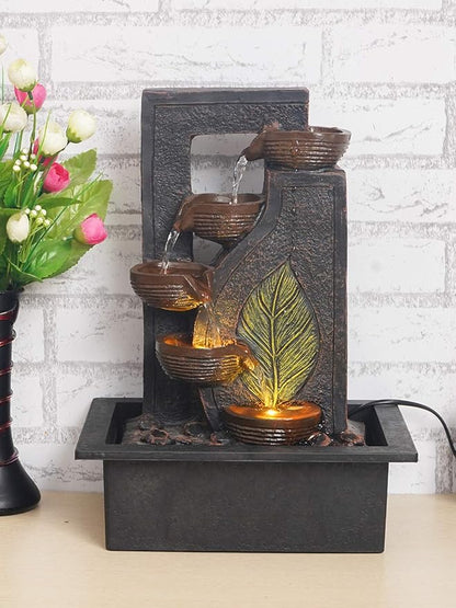 Table Top 4 Steps Designer Brown Diya & Leaf Design Water Fountain With Multicolor Led Light