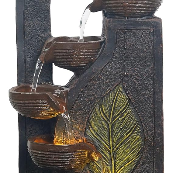 Table Top 4 Steps Designer Brown Diya & Leaf Design Water Fountain With Multicolor Led Light