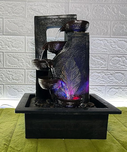 Table Top 4 Steps Designer Brown Diya & Leaf Design Water Fountain With Multicolor Led Light