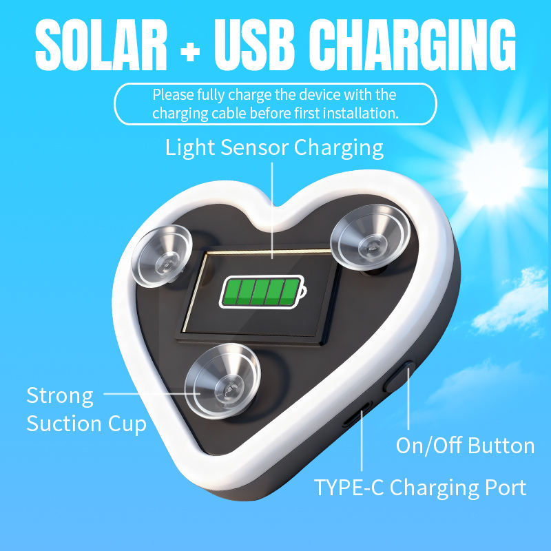 Heart Shaped Car Window Light with Suction Cups Solar Powered & USB Charging