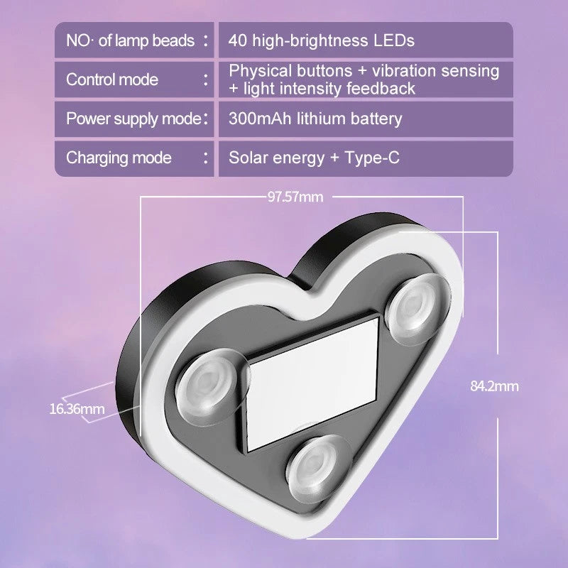 Heart Shaped Car Window Light with Suction Cups Solar Powered & USB Charging